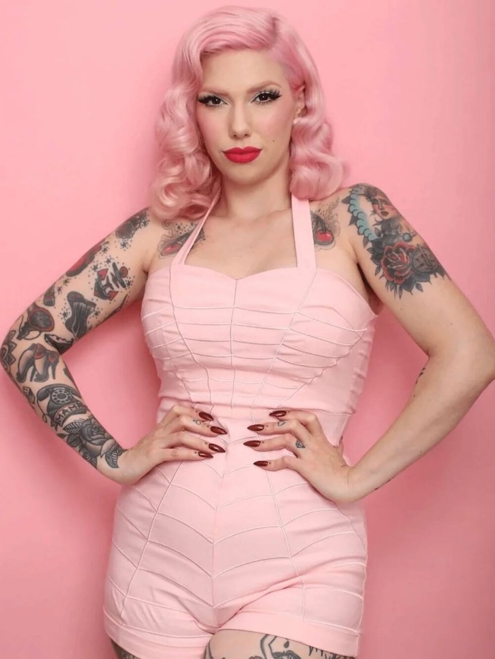Pin-Up Goth Romper with Spiderweb Pattern and Heart Pocket - Pink - XS